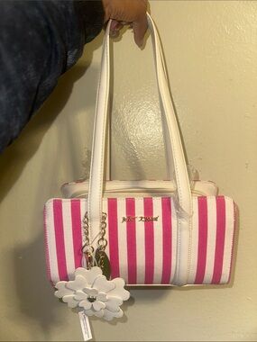 Betsey Johnson Pink and White Striped Shoulder Bag with Floral Charm
